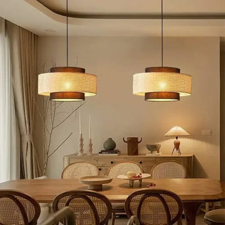 Designer rattan drum pendant light, elegant woven warm ambient ceiling lamp