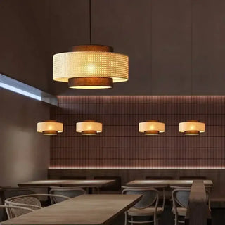 Woven rattan drum ceiling pendant, elegant warm ambient hanging fixture