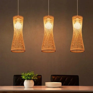 Woven rattan twisted pendant light, handcrafted warm ambient ceiling fixture