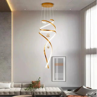 Gold spiral LED pendant light, designer high ceiling lighting fixture