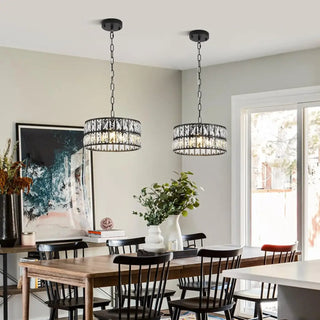 Elegant black crystal drum pendant, modern hanging ceiling light fixture