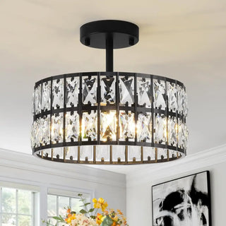 Black drum pendant light, elegant crystal hanging lamp for modern interiors