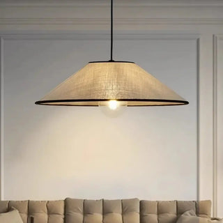 Natural linen pendant light, beige fabric shade, cozy ambient ceiling fixture