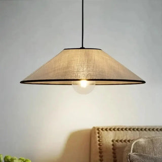 Beige linen ceiling pendant, soft ambient designer lamp for modern living room