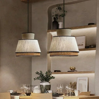 Designer beige pendant lamp, fabric metal frame soft diffused ceiling hanging light