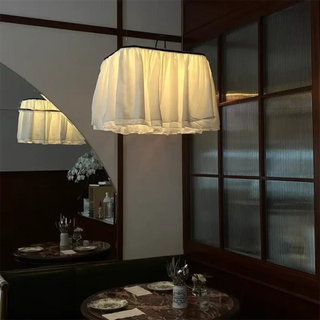 White fabric pendant light with voile effect — elegant soft ceiling lamp