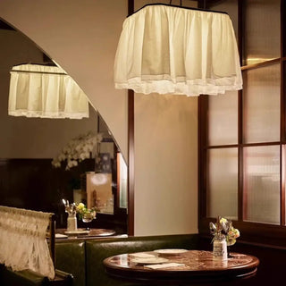 Fabric pendant lamp in bedroom — soft white voile hanging fixture