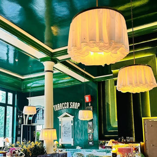 Voile fabric pendant lamp detail — elegant white ceiling light