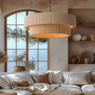 Linen double shade pendant light in beige, soft hanging ceiling lamp