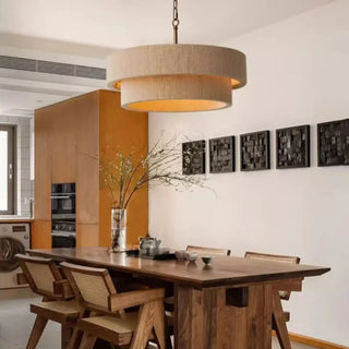 Beige linen pendant lamp with double shade, fabric hanging ceiling light