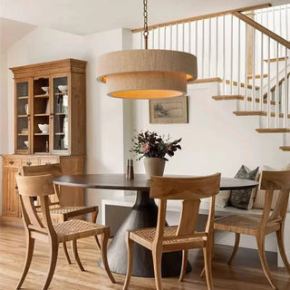 Linen double shade pendant light close-up, beige fabric hanging ceiling lamp