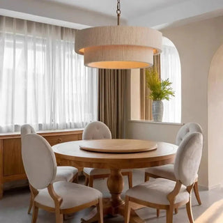 Double shade linen pendant light in beige, fabric hanging ceiling lamp