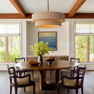 Beige linen pendant ceiling fixture with double shade, fabric hanging lamp