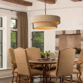 Beige linen pendant ceiling lamp with double shade, fabric hanging light fixture