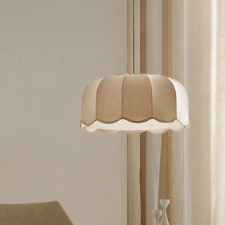 Modern beige pendant lamp, fabric shade warm ambient ceiling hanging light