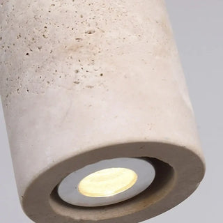 Travertine yellow pendant light close-up, organic wood hanging ceiling lamp