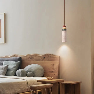 Yellow organic pendant ceiling fixture with wood accent, designer hanging lamp