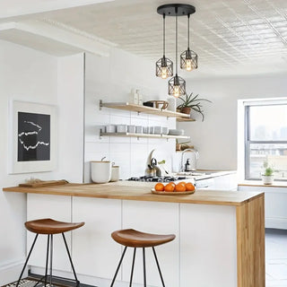 Industrial black trio pendant light with geometric cage design, hanging ceiling lamp