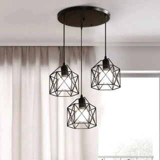 Black geometric cage pendant lamp, industrial trio hanging ceiling light