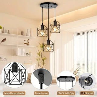 Industrial black pendant ceiling fixture with geometric cage design, hanging lamp