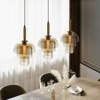 Vintage amber bell pendant light with exposed Edison bulb, warm ambient ceiling lamp