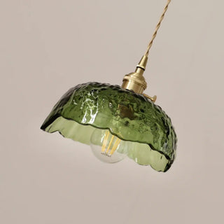 Retro hammered glass pendant illuminated — vintage soft glow ceiling lamp