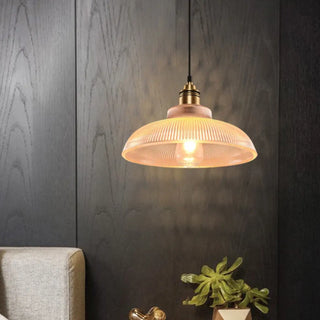 Vintage ribbed glass pendant light with exposed Edison bulb, warm ambient ceiling lamp