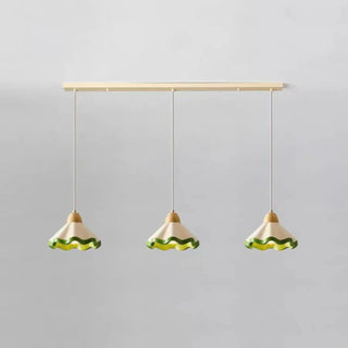 Decorative vintage pendant, wavy cream green glass, retro dining room lamp