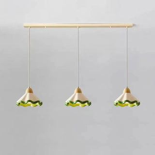 Wavy glass pendant, cream and sage green shade, vintage decorative ceiling light