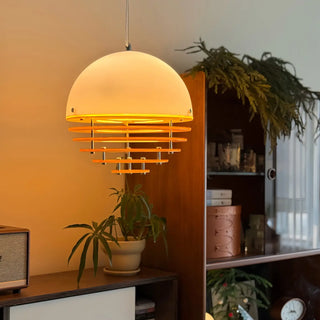 Contemporary retro pendant light, orange half-sphere vintage ceiling fixture