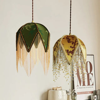Vintage wooden frame pendant with green fringe fabric, retro hanging ceiling light