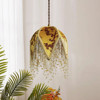 Retro green fringe pendant light with wooden frame, vintage hanging ceiling lamp
