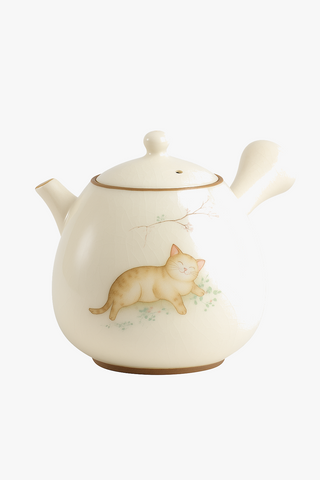 cat-motif ceramic teapot with filter