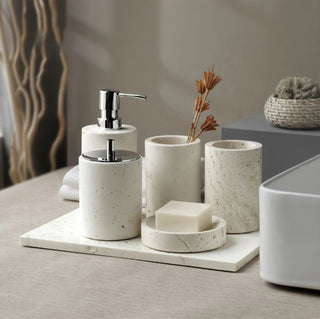 Travertine Bathroom Set – Durable Stone Decor | Soap Dispenser & Toothbrush Holder