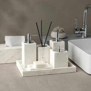Travertine Bathroom Set – Durable Stone Decor | Soap Dispenser & Toothbrush Holder