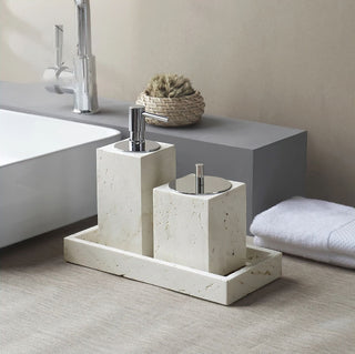 Travertine Bathroom Set – Durable Stone Decor | Soap Dispenser & Toothbrush Holder