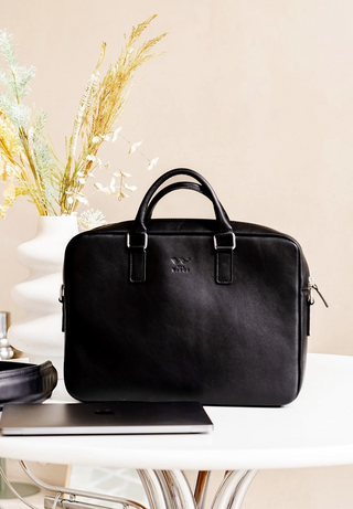 leather briefcase elegant business bag adjustable shoulder strap lifestyle view