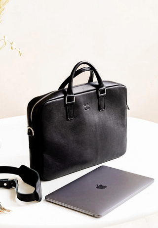 leather briefcase elegant business bag adjustable shoulder strap display view