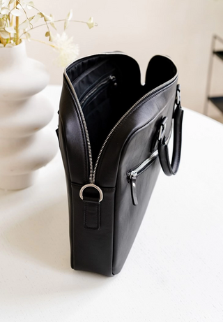 leather briefcase elegant business bag adjustable shoulder strap showcase view