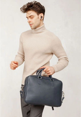 leather briefcase elegant business bag adjustable shoulder strap detail shot