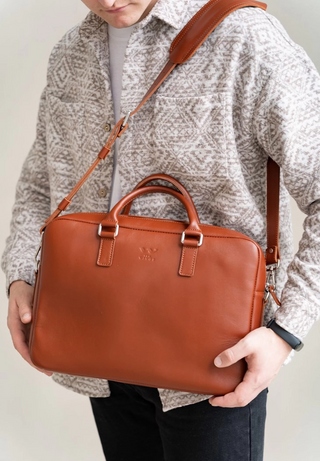 leather briefcase elegant business bag adjustable shoulder strap detail