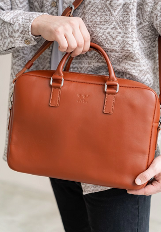 leather briefcase elegant business bag adjustable shoulder strap overview