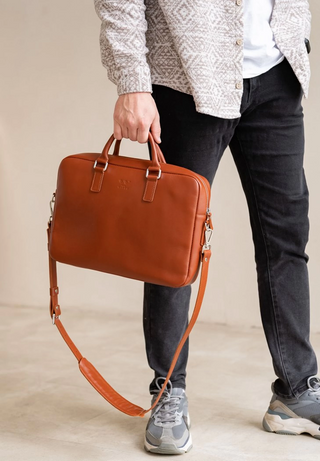 leather briefcase elegant business bag adjustable shoulder strap feature view