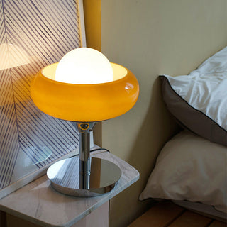 Glass shade Bauhaus desk lamp front — vintage iron design