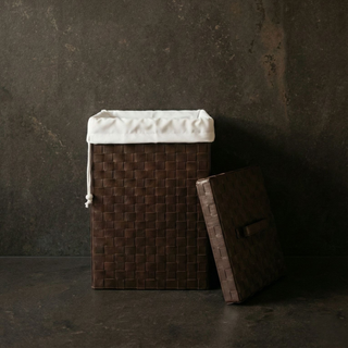 leatherette laundry hamper antique finish lidded basket ballistic lining detail